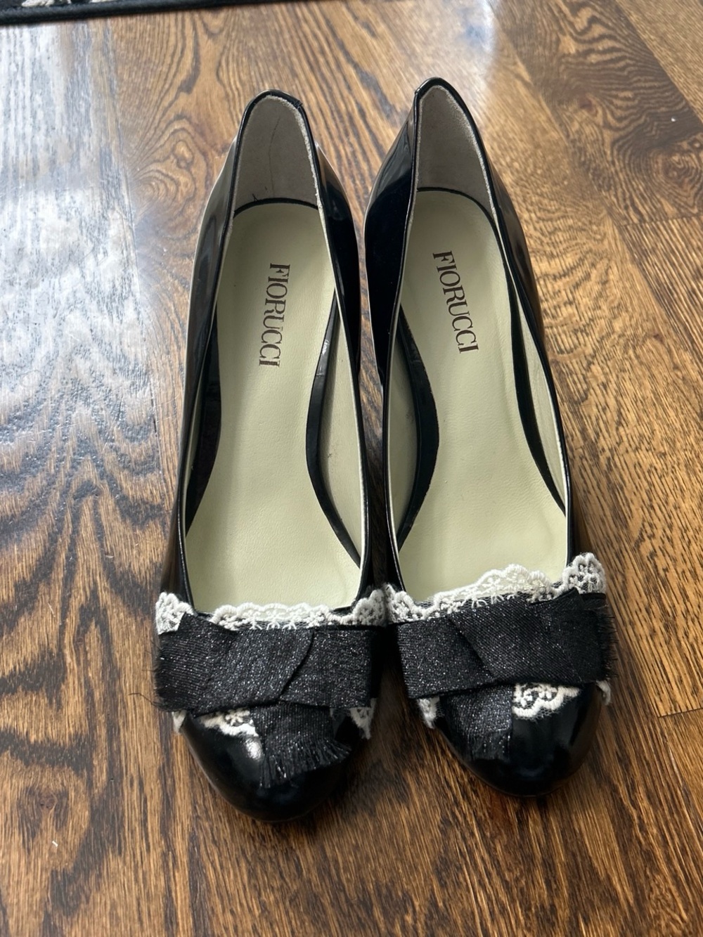 Fiorucci Vintage Black Patent Leather Flats with Lace-Trim Bow
